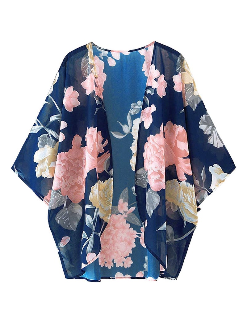 BB&KK Women's Chiffon Floral Kimono Cover Ups Tops Lightweight Summer Cardigans Beach Sheer Boho Shirts Deep Blue Small - Image 4